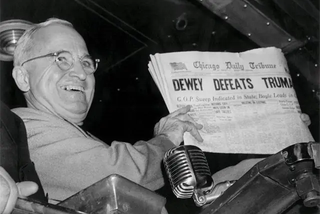 ST. LOUIS/November 1948--President Harry S. Truman shows well-wishers at Union Station a copy of the Chicago Daily Tribune, which mistakenly declared âDEWEY DEFEATS TRUMAN,â based on early returns. âThat is one for the books!â he said.